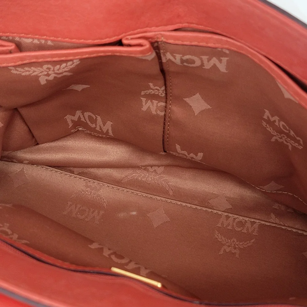 MCM Satchel Handbag Coral Orange Pebbled Leather Gold Hardware 2-in-1 Crossbody
